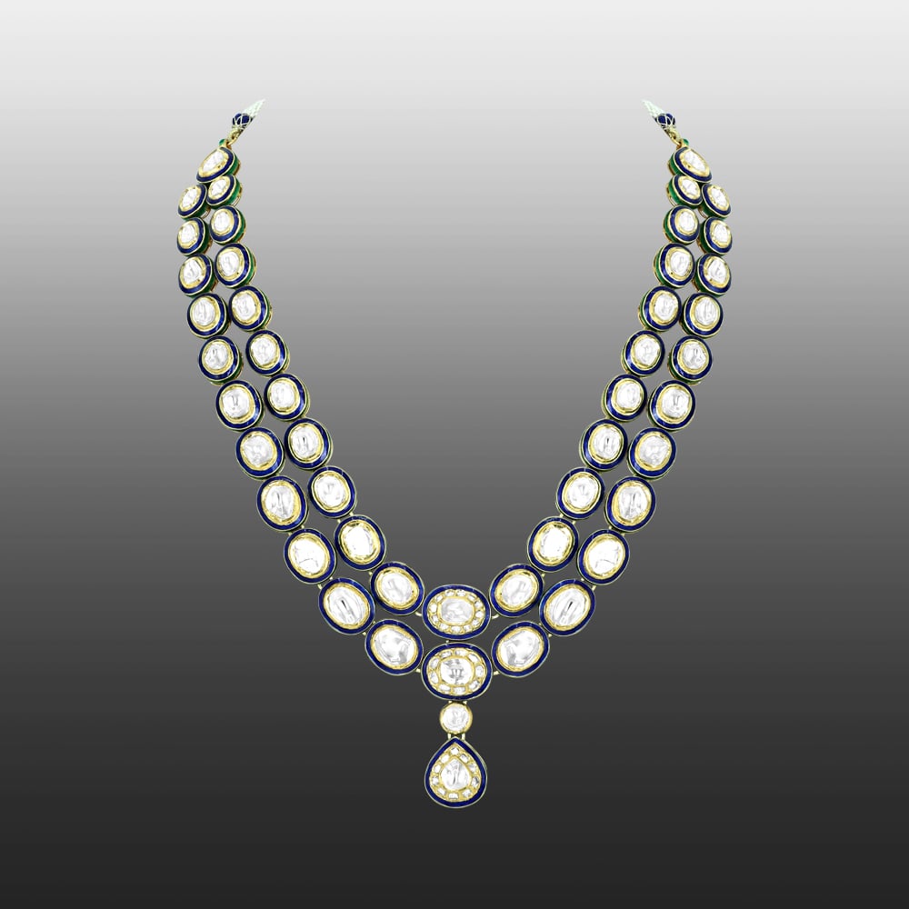 Twin-Line Polki Necklace with Blue Enamel and Pear Pendant